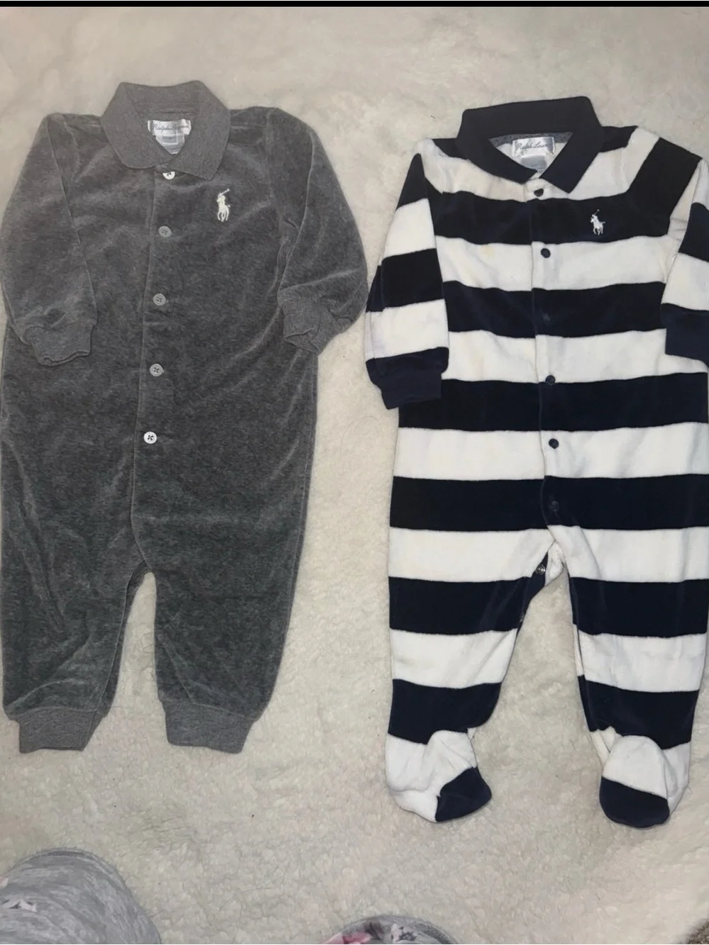 Ralph Lauren Baby Footed One-Piece Set - Gray & Navy/White Stripe